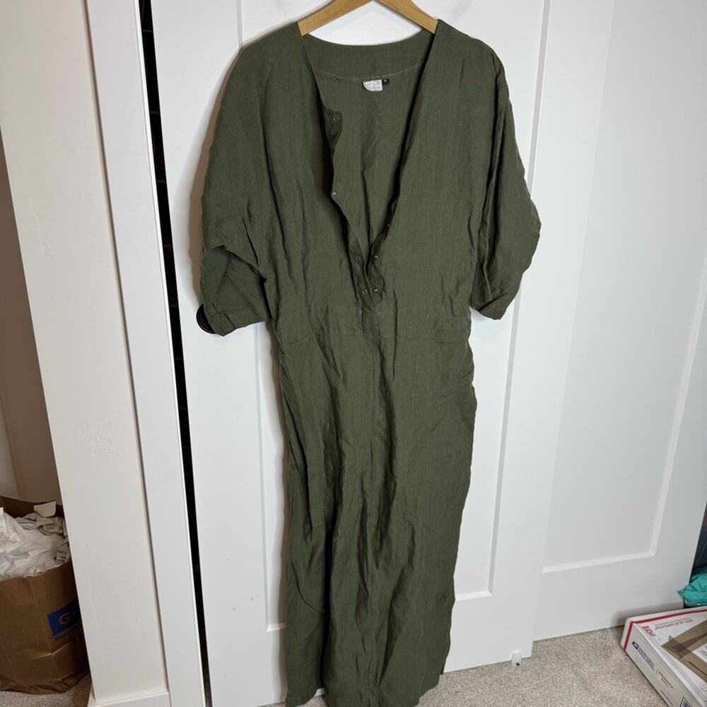 Len Ok 100% Linen Jumpsuit One Piece Snap Button Lagenlook Green Medium